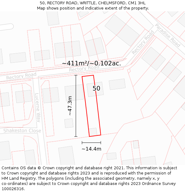 50, RECTORY ROAD, WRITTLE, CHELMSFORD, CM1 3HL: Plot and title map