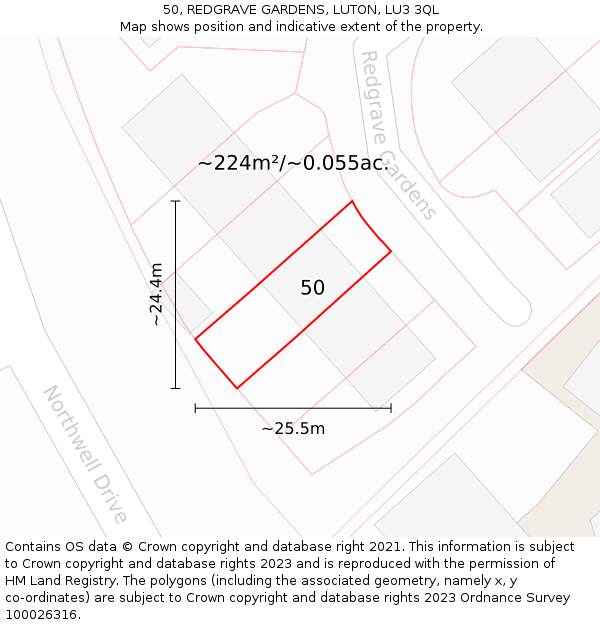 50, REDGRAVE GARDENS, LUTON, LU3 3QL: Plot and title map