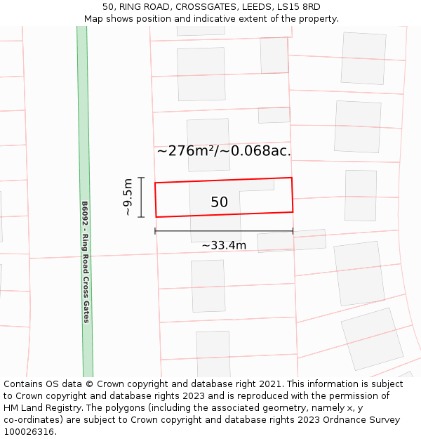 50, RING ROAD, CROSSGATES, LEEDS, LS15 8RD: Plot and title map