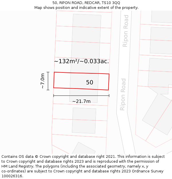 50, RIPON ROAD, REDCAR, TS10 3QQ: Plot and title map