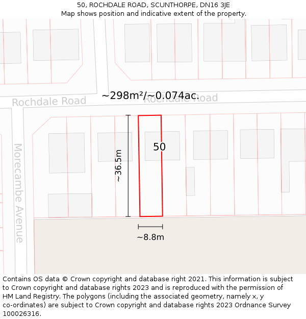 50, ROCHDALE ROAD, SCUNTHORPE, DN16 3JE: Plot and title map