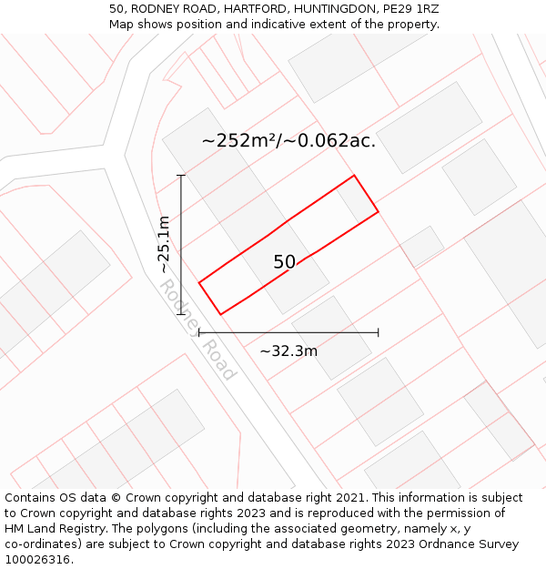 50, RODNEY ROAD, HARTFORD, HUNTINGDON, PE29 1RZ: Plot and title map