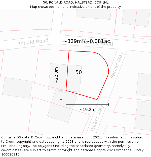 50, RONALD ROAD, HALSTEAD, CO9 1NL: Plot and title map