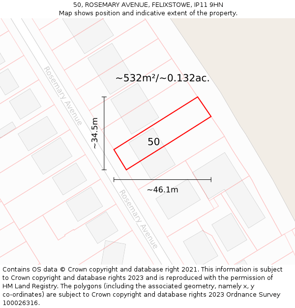 50, ROSEMARY AVENUE, FELIXSTOWE, IP11 9HN: Plot and title map