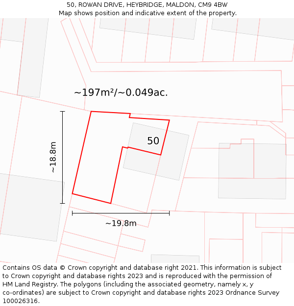50, ROWAN DRIVE, HEYBRIDGE, MALDON, CM9 4BW: Plot and title map
