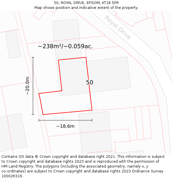 50, ROYAL DRIVE, EPSOM, KT18 5PR: Plot and title map