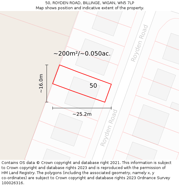 50, ROYDEN ROAD, BILLINGE, WIGAN, WN5 7LP: Plot and title map