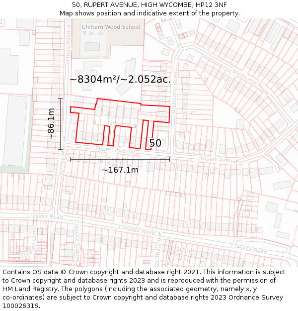 50, RUPERT AVENUE, HIGH WYCOMBE, HP12 3NF: Plot and title map