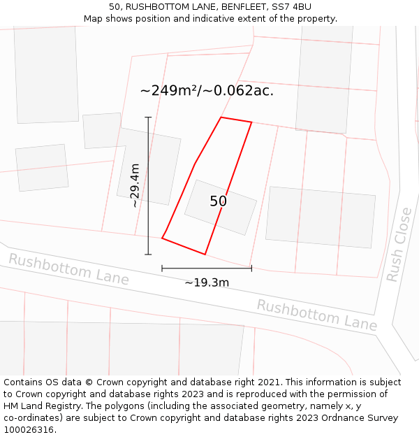 50, RUSHBOTTOM LANE, BENFLEET, SS7 4BU: Plot and title map