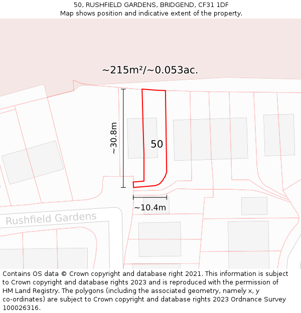 50, RUSHFIELD GARDENS, BRIDGEND, CF31 1DF: Plot and title map