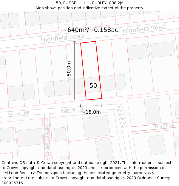 50, RUSSELL HILL, PURLEY, CR8 2JA: Plot and title map