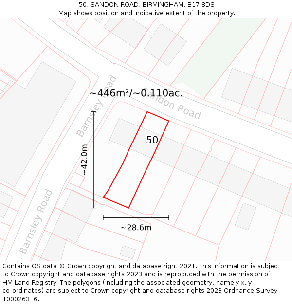 50, SANDON ROAD, BIRMINGHAM, B17 8DS: Plot and title map