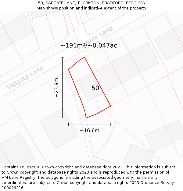 50, SAPGATE LANE, THORNTON, BRADFORD, BD13 3DY: Plot and title map
