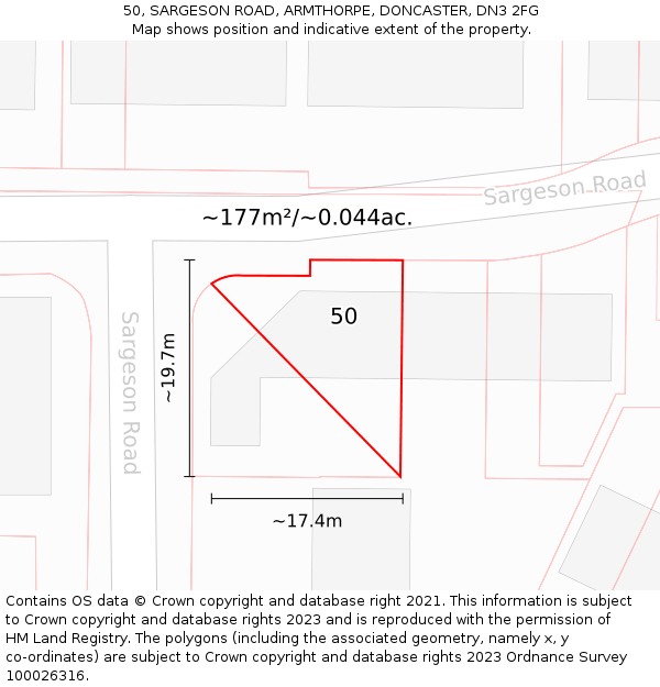 50, SARGESON ROAD, ARMTHORPE, DONCASTER, DN3 2FG: Plot and title map