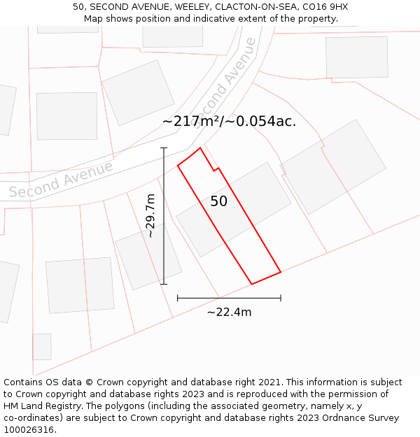 50, SECOND AVENUE, WEELEY, CLACTON-ON-SEA, CO16 9HX: Plot and title map