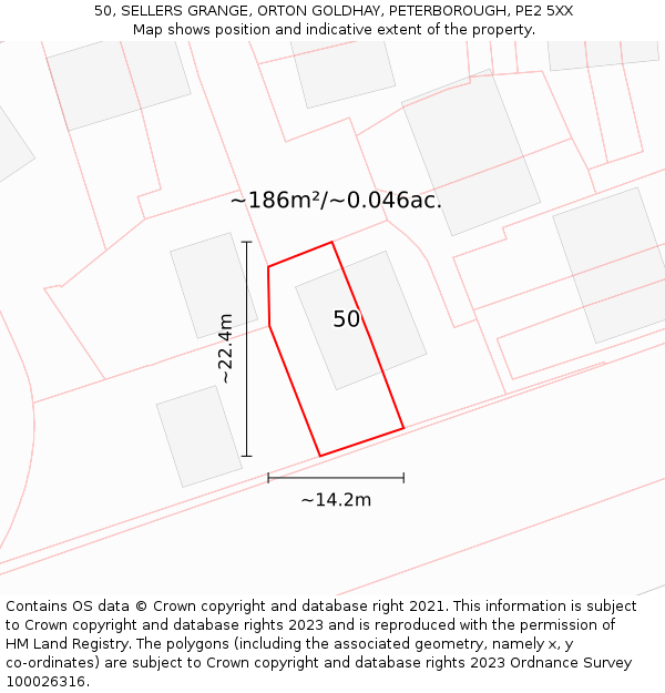 50, SELLERS GRANGE, ORTON GOLDHAY, PETERBOROUGH, PE2 5XX: Plot and title map