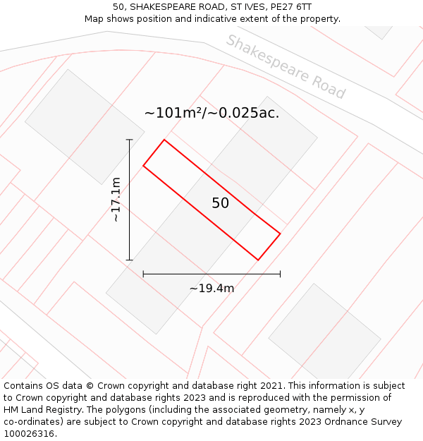 50, SHAKESPEARE ROAD, ST IVES, PE27 6TT: Plot and title map