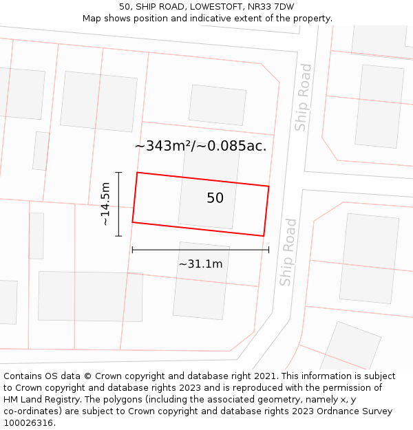50, SHIP ROAD, LOWESTOFT, NR33 7DW: Plot and title map