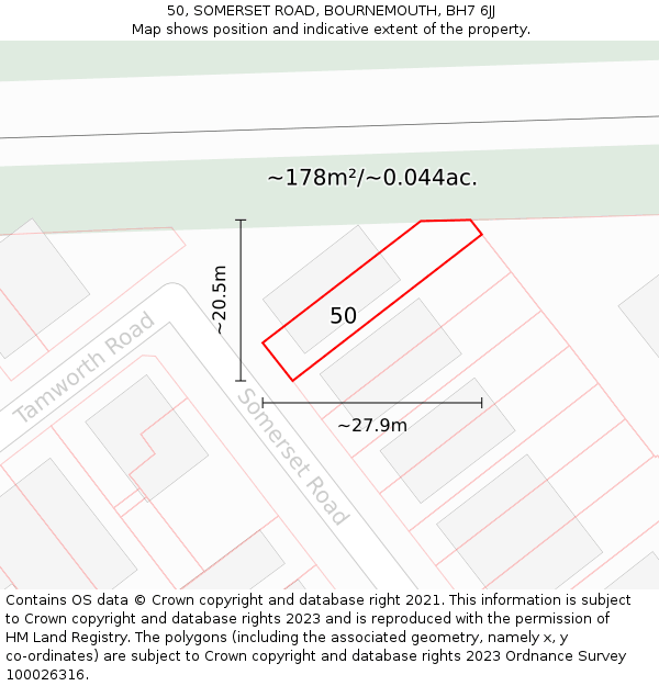 50, SOMERSET ROAD, BOURNEMOUTH, BH7 6JJ: Plot and title map