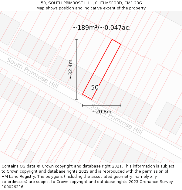 50, SOUTH PRIMROSE HILL, CHELMSFORD, CM1 2RG: Plot and title map