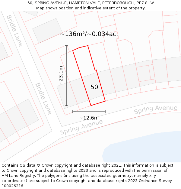 50, SPRING AVENUE, HAMPTON VALE, PETERBOROUGH, PE7 8HW: Plot and title map