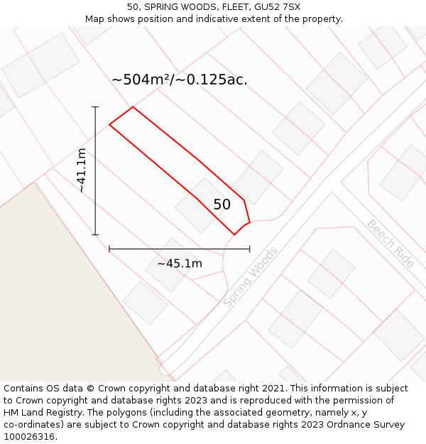 50, SPRING WOODS, FLEET, GU52 7SX: Plot and title map