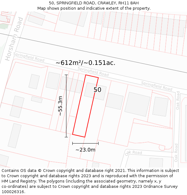 50, SPRINGFIELD ROAD, CRAWLEY, RH11 8AH: Plot and title map