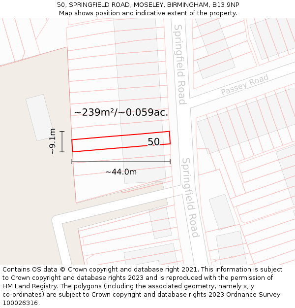 50, SPRINGFIELD ROAD, MOSELEY, BIRMINGHAM, B13 9NP: Plot and title map