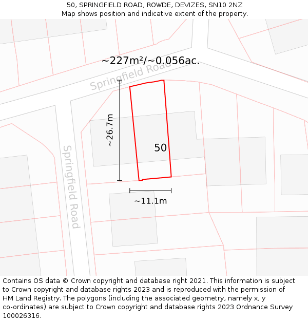 50, SPRINGFIELD ROAD, ROWDE, DEVIZES, SN10 2NZ: Plot and title map