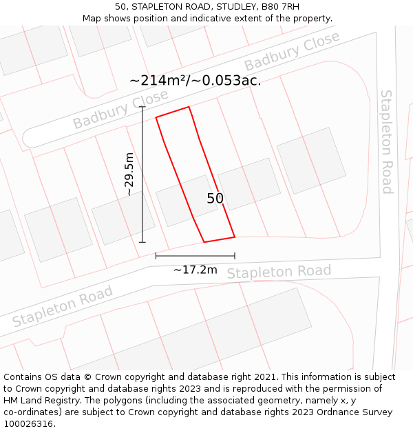 50, STAPLETON ROAD, STUDLEY, B80 7RH: Plot and title map
