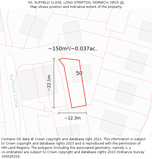 50, SUFFIELD CLOSE, LONG STRATTON, NORWICH, NR15 2JL: Plot and title map