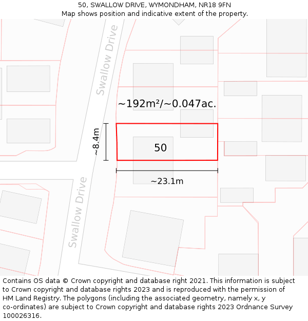 50, SWALLOW DRIVE, WYMONDHAM, NR18 9FN: Plot and title map