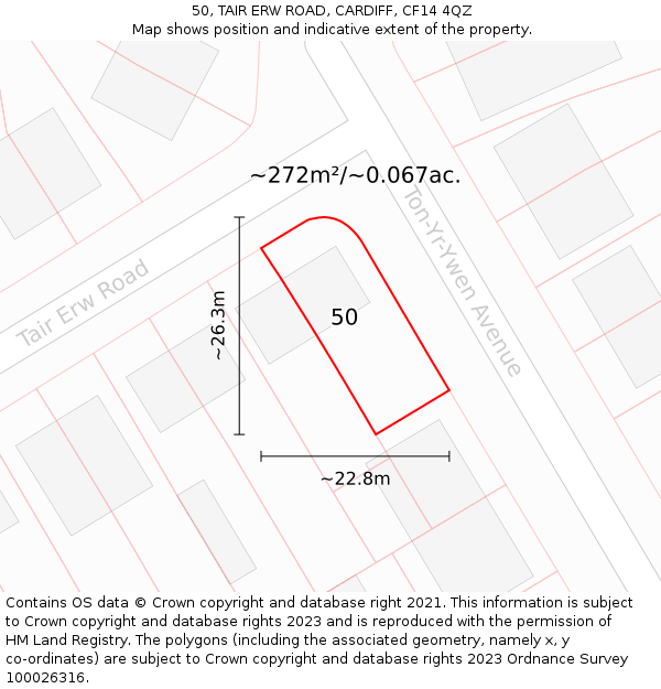 50, TAIR ERW ROAD, CARDIFF, CF14 4QZ: Plot and title map