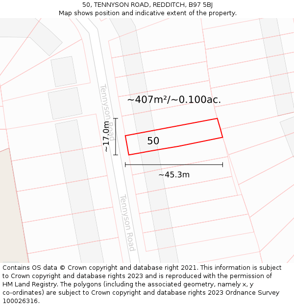 50, TENNYSON ROAD, REDDITCH, B97 5BJ: Plot and title map