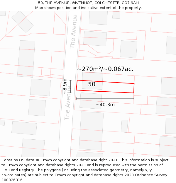 50, THE AVENUE, WIVENHOE, COLCHESTER, CO7 9AH: Plot and title map