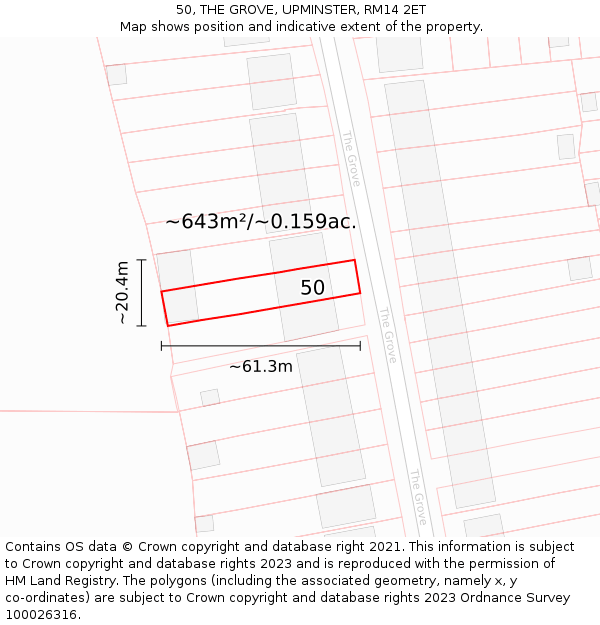 50, THE GROVE, UPMINSTER, RM14 2ET: Plot and title map