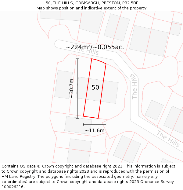 50, THE HILLS, GRIMSARGH, PRESTON, PR2 5BF: Plot and title map
