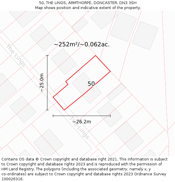 50, THE LINGS, ARMTHORPE, DONCASTER, DN3 3SH: Plot and title map