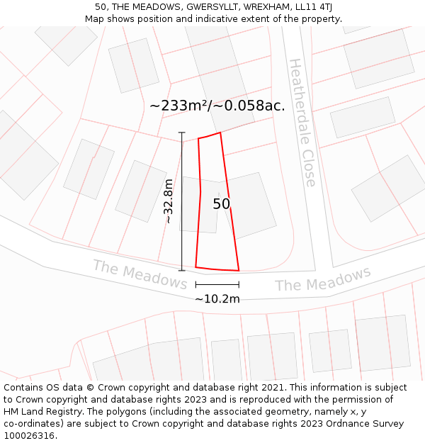50, THE MEADOWS, GWERSYLLT, WREXHAM, LL11 4TJ: Plot and title map