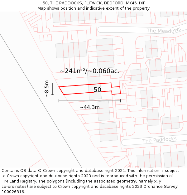 50, THE PADDOCKS, FLITWICK, BEDFORD, MK45 1XF: Plot and title map