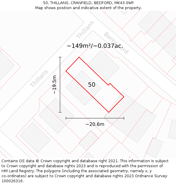 50, THILLANS, CRANFIELD, BEDFORD, MK43 0WP: Plot and title map
