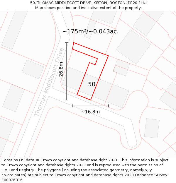 50, THOMAS MIDDLECOTT DRIVE, KIRTON, BOSTON, PE20 1HU: Plot and title map