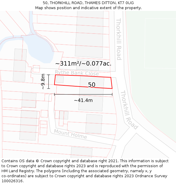 50, THORKHILL ROAD, THAMES DITTON, KT7 0UG: Plot and title map
