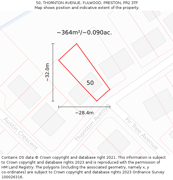 50, THORNTON AVENUE, FULWOOD, PRESTON, PR2 3TP: Plot and title map