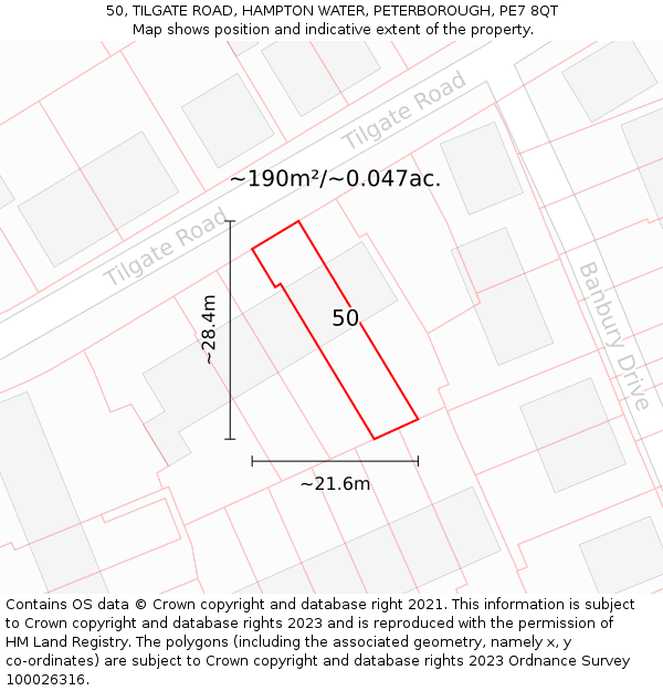 50, TILGATE ROAD, HAMPTON WATER, PETERBOROUGH, PE7 8QT: Plot and title map