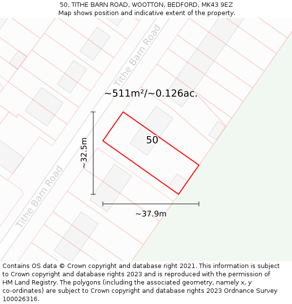50, TITHE BARN ROAD, WOOTTON, BEDFORD, MK43 9EZ: Plot and title map