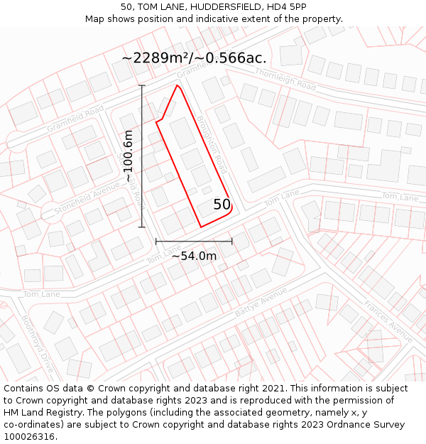 50, TOM LANE, HUDDERSFIELD, HD4 5PP: Plot and title map