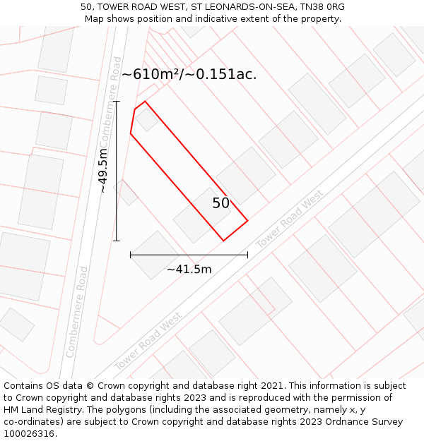 50, TOWER ROAD WEST, ST LEONARDS-ON-SEA, TN38 0RG: Plot and title map