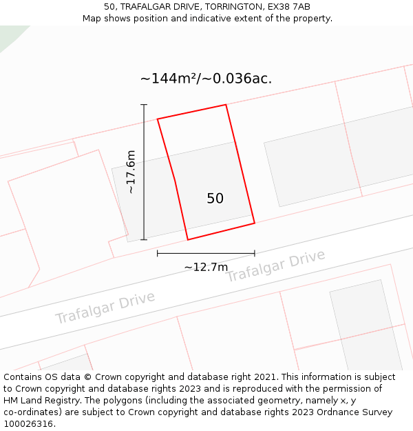 50, TRAFALGAR DRIVE, TORRINGTON, EX38 7AB: Plot and title map