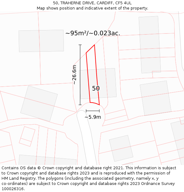 50, TRAHERNE DRIVE, CARDIFF, CF5 4UL: Plot and title map